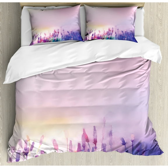Flower Duvet Cover Set Queen Size, Blurred Lavenders in the Meadows Rural Country Nature Theme Artsy Design Print, Decorative 3 Piece Bedding Set with 2 Pillow Shams, Lilac Purple, by Ambesonne