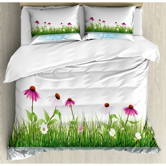 Flower Duvet Cover Set Queen Size, Coneflower by the Lake Water Sea Fall Season Hand Drawn Horizontal Hand Drawn Print, Decorative 3 Piece Bedding Set with 2 Pillow Shams, Multicolor, by Ambesonne