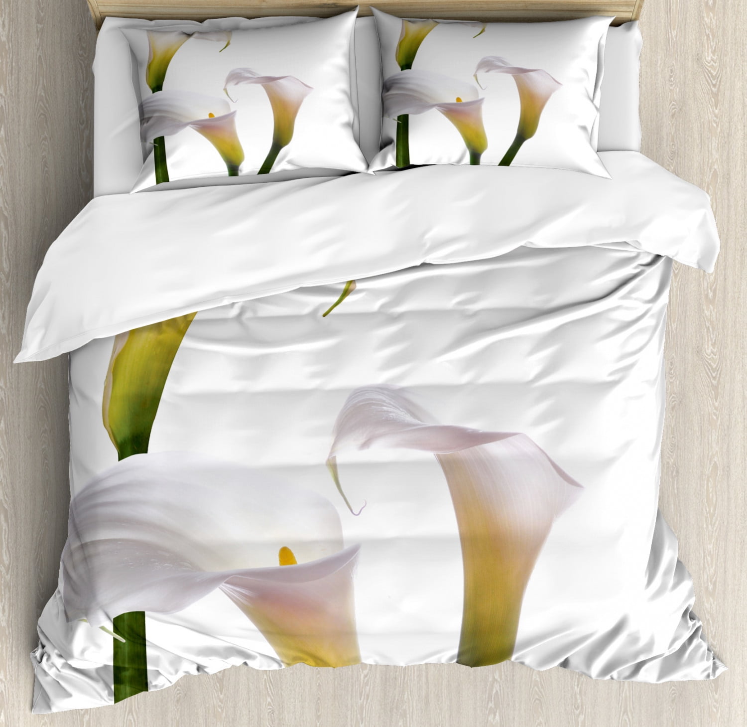 Queen Size White and Green Microfiber Duvet Cover Set with Calla Lilies