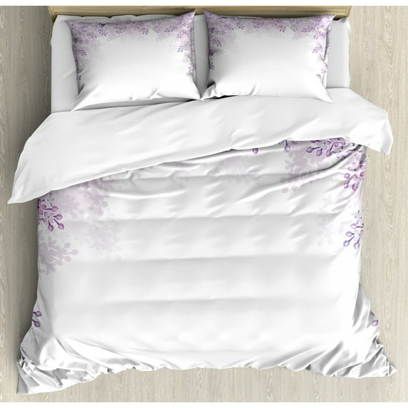 Flower Duvet Cover Set Queen Size, Framing Lilac Flowers in Blossom Vernal Season Soothing Color Shades, Decorative 3 Piece Bedding Set with 2 Pillow Shams, Pale Mauve Lavender White, by Ambesonne