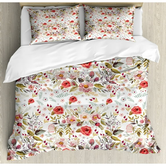 Flower Duvet Cover Set Queen Size, Hand Drawn Romantic Flowers and Leaves Spring Season Blossoms Garden Vintage Style, Decorative 3 Piece Bedding Set with 2 Pillow Shams, Multicolor, by Ambesonne