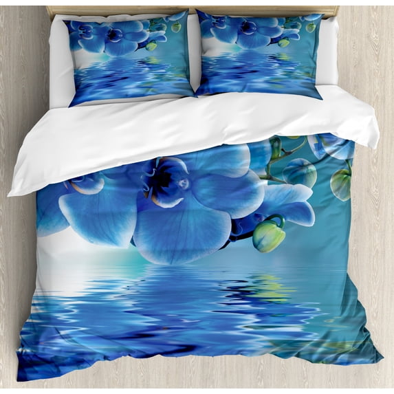 Flower Duvet Cover Set Queen Size, Orchids Asian Natural Flowers Reflections on the Water for Spring Time Relaxing Print, Decorative 3 Piece Bedding Set with 2 Pillow Shams, Blue, by Ambesonne