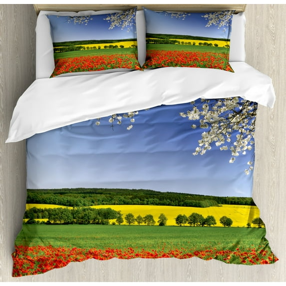 Flower Duvet Cover Set Queen Size, Poppy Field with a Spring Landscape and Blossom Tree View in Meadow Nature Image, Decorative 3 Piece Bedding Set with 2 Pillow Shams, Multicolor, by Ambesonne