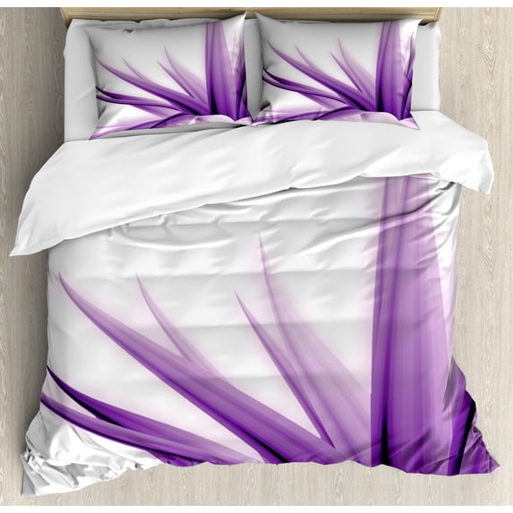 Flower Duvet Cover Set Queen Size, Purple Ombre Style Long Leaves Water Colored Print with Calming Details Image, Decorative 3 Piece Bedding Set with 2 Pillow Shams, Purple and White, by Ambesonne