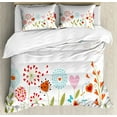 thumbnail image 1 of Flower Duvet Cover Set Queen Size, Romantic Design with Flowers Hearts Birds and Leaves Stripes Lines Artwork Print, Decorative 3 Piece Bedding Set with 2 Pillow Shams, Multicolor, by Ambesonne, 1 of 3