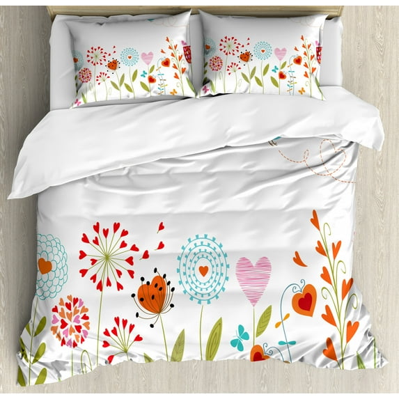 Flower Duvet Cover Set Queen Size, Romantic Design with Flowers Hearts Birds and Leaves Stripes Lines Artwork Print, Decorative 3 Piece Bedding Set with 2 Pillow Shams, Multicolor, by Ambesonne