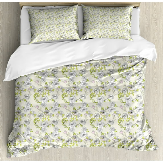 Flower Duvet Cover Set Queen Size, Romantic Flowers and Leaves Soft Tone Background Print, Decorative 3 Piece Bedding Set with 2 Pillow Shams, Yellow Green Eggshell Pale Pink White, by Ambesonne