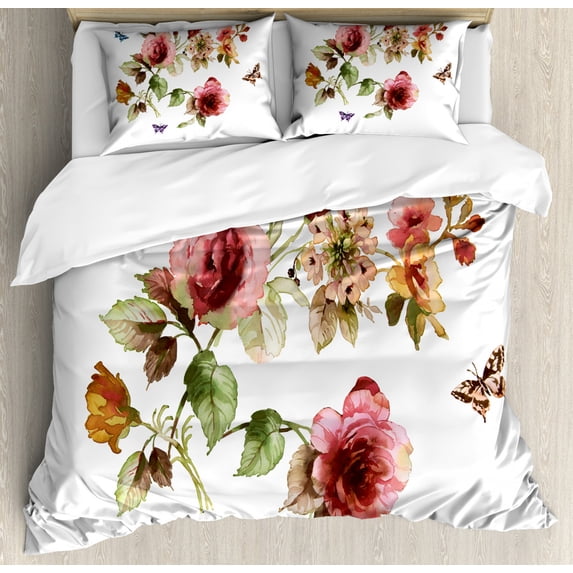 Flower Duvet Cover Set Queen Size, Shabby Chic Roses Buds Leaves Tulips Floral Details Butterfly Natural Eco Print, Decorative 3 Piece Bedding Set with 2 Pillow Shams, Multicolor, by Ambesonne