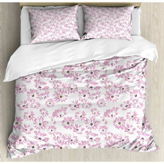 Flower Duvet Cover Set Queen Size, Watercolor Pastel Colored Romantic Florals Petals and Buds Art Print, Decorative 3 Piece Bedding Set with 2 Pillow Shams, Pale Pink Black and White, by Ambesonne