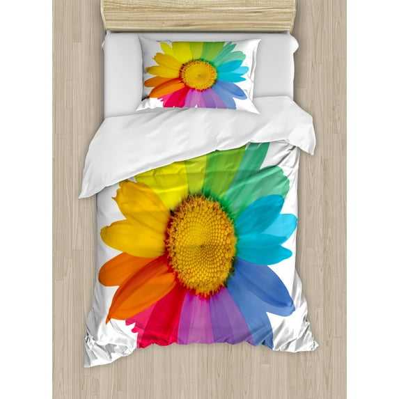 Flower Duvet Cover Set, Rainbow Colored Sunflower or Daisy Spring Inspired Image Hippie Style Modern Design, Decorative Bedding Set with Pillow Shams, Multicolor, by Ambesonne