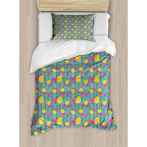 Flower Duvet Cover Set, Retro Repetitive Pattern with Pink and Yellow Tone Roses on Striped Backdrop, Decorative 2 Piece Bedding Set with 1 Pillow Shams, Twin Size, Multicolor, by Ambesonne