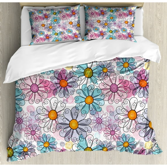 Flower Duvet Cover Set, Retro Spring Floral Pattern Grunge Funky Style Inspired Colorful Daisies Bohemian, Decorative 3 Piece Bedding Set with 2 Pillow Shams, Queen Size, Multicolor, by Ambesonne