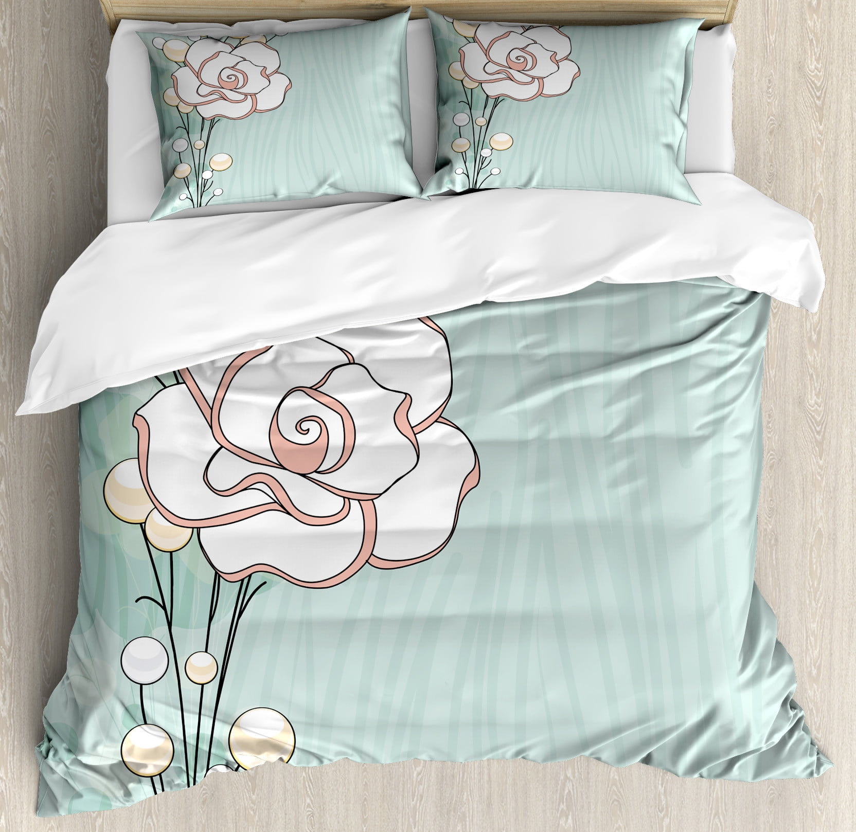 Flower Duvet Cover Set, Romantic Rose Sign of Eternal Love with Pearls ...