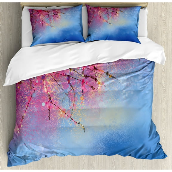Flower Duvet Cover Set, Sakura Branches Hangs down from Tree Branch Dramatic Night Oriental Plant Image Art, Decorative 3 Piece Bedding Set with 2 Pillow Shams, King Size, Pink Blue, by Ambesonne