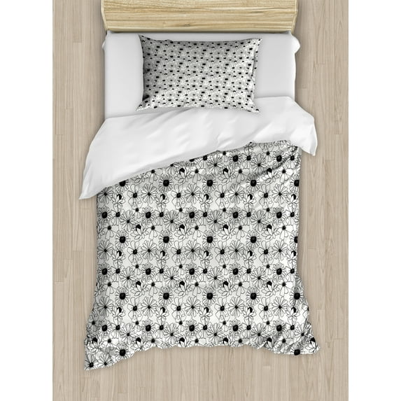 Flower Duvet Cover Set, Simple Monochromatic Floral Repetition with Abstract Outline Petals, Decorative 2 Piece Bedding Set with 1 Pillow Shams, Twin Size, Ivory and Charcoal Grey, by Ambesonne