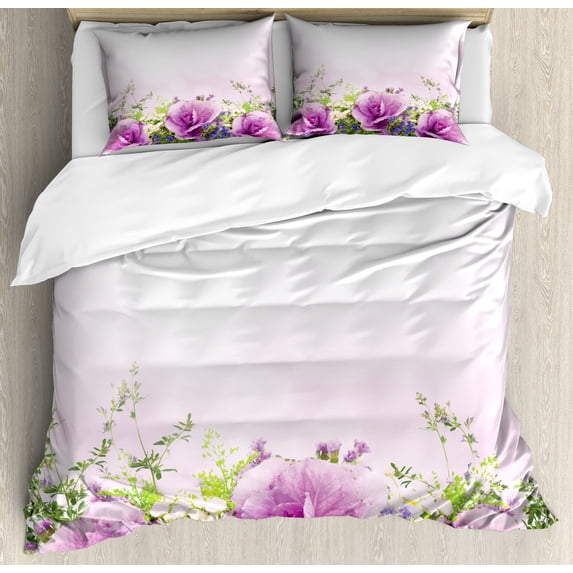 Flower Duvet Cover Set, Spring Cabbage Flowers in Fragrant Bouquet with Partially Shaded Color Romance, Decorative 3 Piece Bedding Set with 2 Pillow Shams, King Size, Lavender Green, by Ambesonne