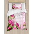 thumbnail image 1 of Flower Duvet Cover Set, Spring Season Time Roses Leaves and Buds Ombre Atmosphere Image, Decorative 2 Piece Bedding Set with 1 Pillow Shams, Twin Size, Pink and Green, by Ambesonne, 1 of 3