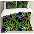 thumbnail image 1 of Flower Duvet Cover Set, Tropical Vivid Petal Leaf Butterfly Dragonfly Forest Art, Decorative 3 Piece Bedding Set with 2 Pillow Shams, Queen Size, Navy Blue Fern Green, by Ambesonne, 1 of 3