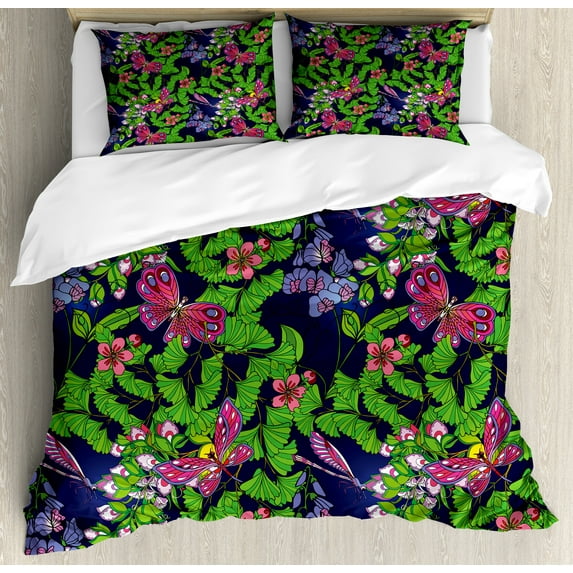 Flower Duvet Cover Set, Tropical Vivid Petal Leaf Butterfly Dragonfly Forest Art, Decorative 3 Piece Bedding Set with 2 Pillow Shams, Queen Size, Navy Blue Fern Green, by Ambesonne