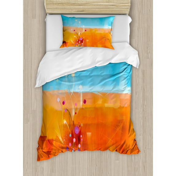 Flower Duvet Cover Set Twin Size, Abstract Meadows under Blue Sky Nature Themed Artwork Beauty Floral Illustration, Decorative 2 Piece Bedding Set with 1 Pillow Sham, Orange Purple, by Ambesonne