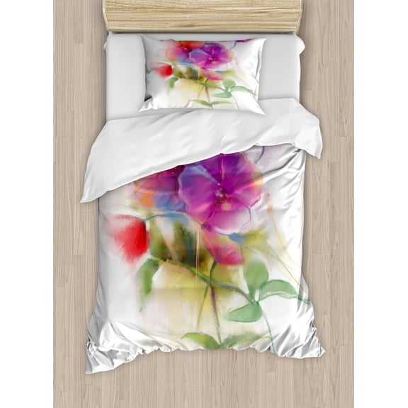 Flower Duvet Cover Set Twin Size, Blooming Orchid Spring Bouquet Romance Wedding Themed Natural Beauties Fragrance, Decorative 2 Piece Bedding Set with 1 Pillow Sham, Multicolor, by Ambesonne