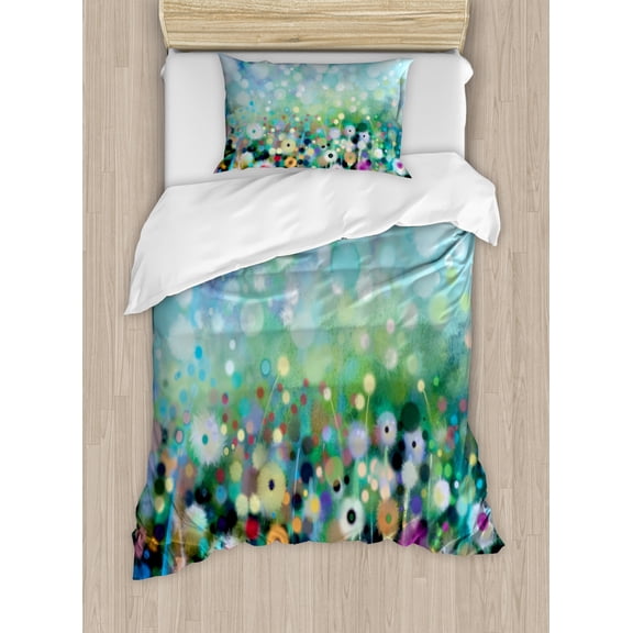 Flower Duvet Cover Set Twin Size, Dandelion Seeds in Air Splashes Pollination Time Mother Earth Growing Giving Life, Decorative 2 Piece Bedding Set with 1 Pillow Sham, Multicolor, by Ambesonne