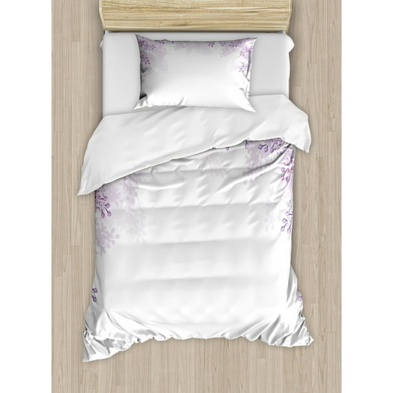 Flower Duvet Cover Set Twin Size, Framing Lilac Flowers in Blossom Vernal Season Soothing Color Shades, Decorative 2 Piece Bedding Set with 1 Pillow Sham, Pale Mauve Lavender White, by Ambesonne