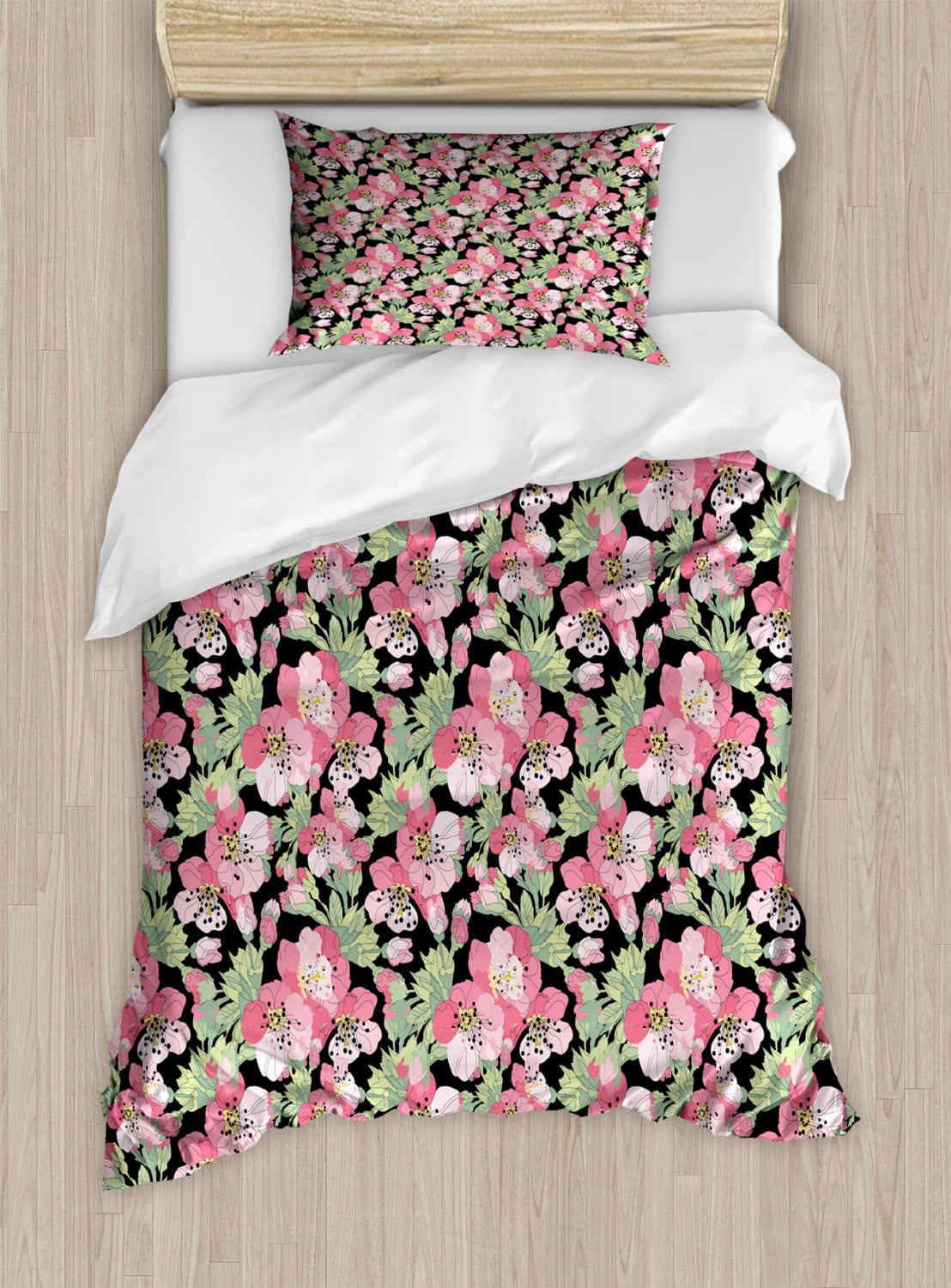Flower Duvet Cover Set Twin Size, Hand Drawn Composition of Flowers ...