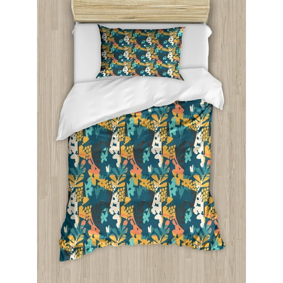 Flower Duvet Cover Set Twin Size, Paintbrush Petals with Sketchy Murky Effects Vintage Style Trippy Pattern Print, Decorative 2 Piece Bedding Set with 1 Pillow Sham, Multicolor, by Ambesonne