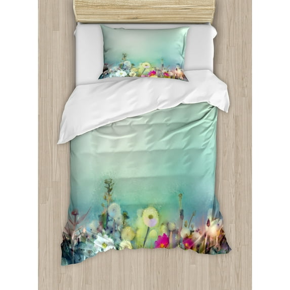 Flower Duvet Cover Set Twin Size, Poppy Daisy Chamomile Patterns in Meadow Wilderness Feminine Themed Art Rural Print, Decorative 2 Piece Bedding Set with 1 Pillow Sham, Multicolor, by Ambesonne