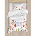 thumbnail image 1 of Flower Duvet Cover Set Twin Size, Romantic Design with Flowers Hearts Birds and Leaves Stripes Lines Artwork Print, Decorative 2 Piece Bedding Set with 1 Pillow Sham, Multicolor, by Ambesonne, 1 of 3
