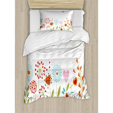 Flower Duvet Cover Set Twin Size, Romantic Design with Flowers Hearts Birds and Leaves Stripes Lines Artwork Print, Decorative 2 Piece Bedding Set with 1 Pillow Sham, Multicolor, by Ambesonne
