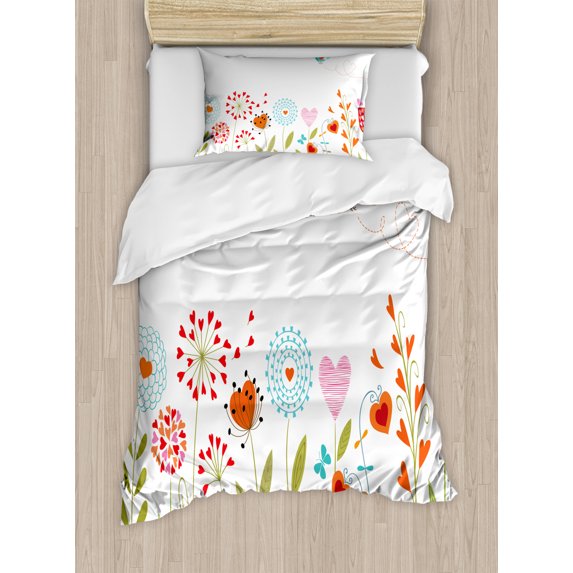Flower Duvet Cover Set Twin Size, Romantic Design with Flowers Hearts Birds and Leaves Stripes Lines Artwork Print, Decorative 2 Piece Bedding Set with 1 Pillow Sham, Multicolor, by Ambesonne