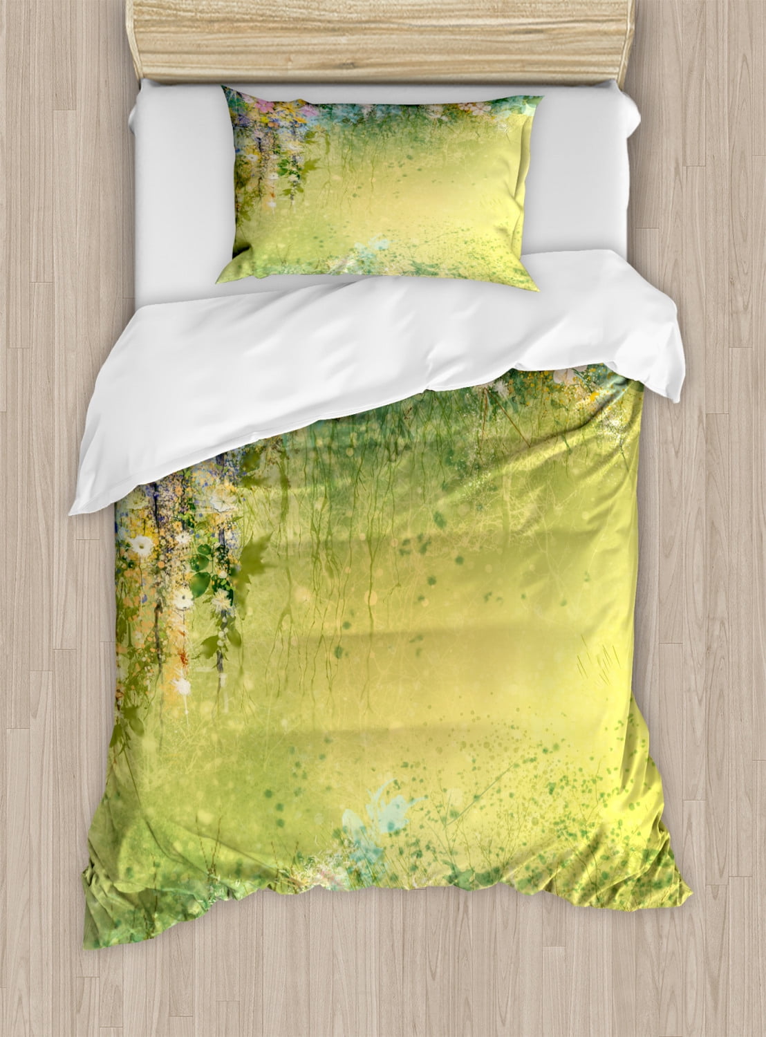 Twin Green Watercolor Floral Microfiber Duvet Cover Set