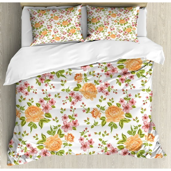 Flower Duvet Cover Set, Vibrant Color Peony Pattern Poppy Love Wedding Celebrations Theme Print, Decorative 3 Piece Bedding Set with 2 Pillow Shams, Queen Size, Pale Orange Green Rose, by Ambesonne