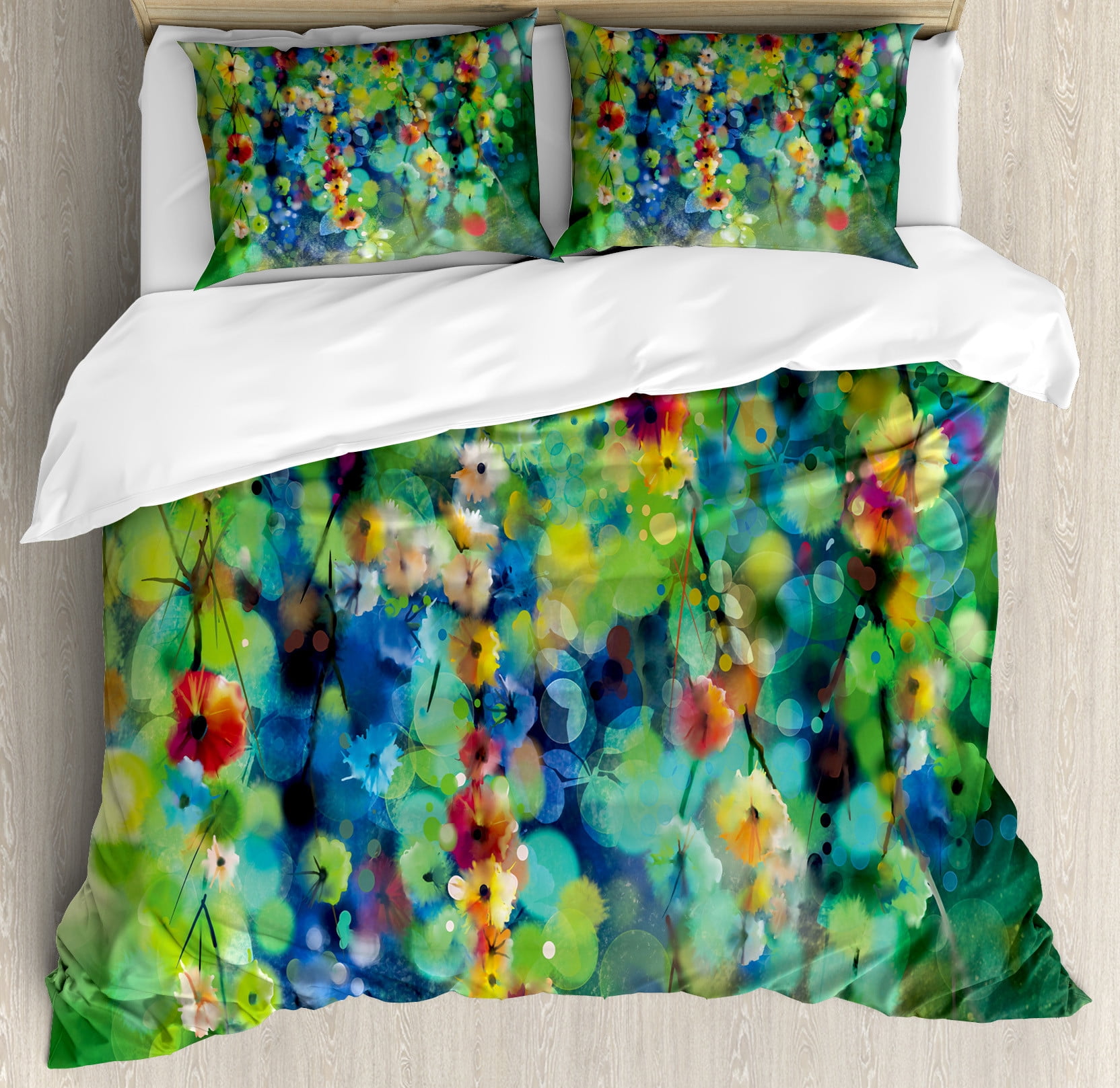 Vibrant Green Blue Floral Microfiber Queen Duvet Cover Set