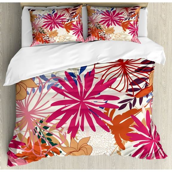 Flower Duvet Cover Set, Vibrant Colored Floral Arrangement Summer Flowers Inspirations Flourishing Nature, Decorative 3 Piece Bedding Set with 2 Pillow Shams, Calking Size, Multicolor, by Ambesonne