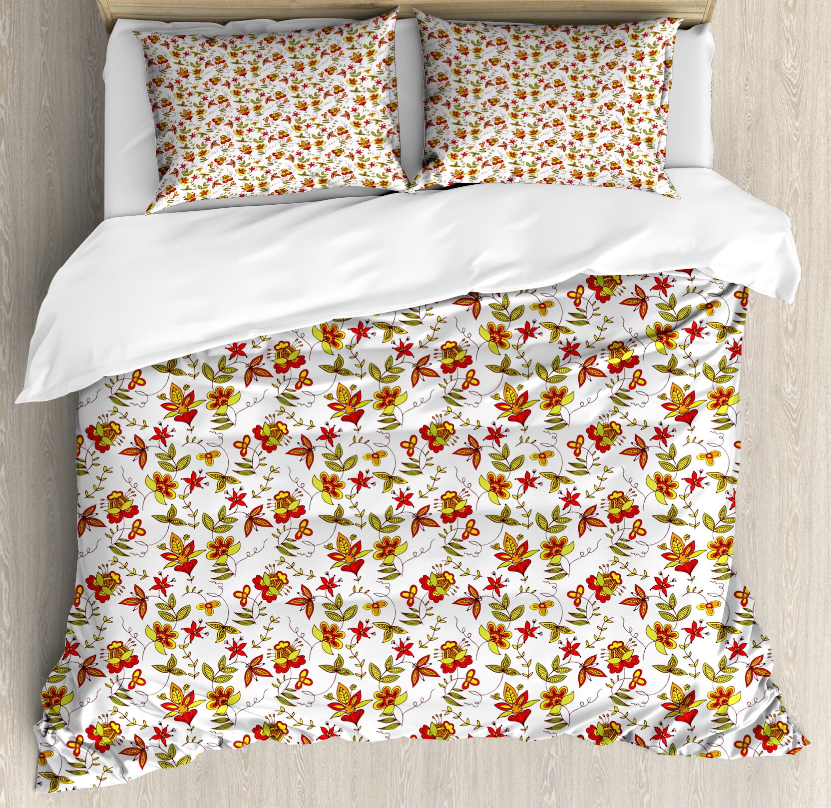 King Size Red Yellow White Floral Duvet Cover Set