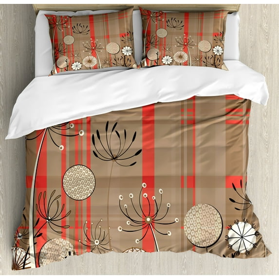Flower Duvet Cover Set, Vintage Lines and Botanical Nature Elements Illustration, Decorative 3 Piece Bedding Set with 2 Pillow Shams, Calking Size, Salmon Umber, by Ambesonne