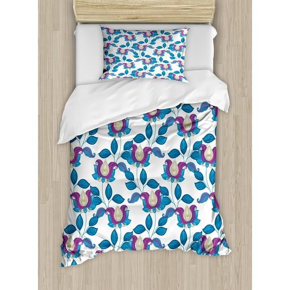 Flower Duvet Cover Set, Vintage Vibrant Blossoms Tulip Eco Bouquet Shabby Form Art Print, Decorative 2 Piece Bedding Set with 1 Pillow Shams, Twin Size, Blue Violet Grey, by Ambesonne