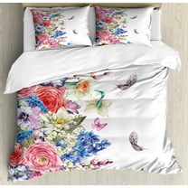 Flower Duvet Cover Set, Vintage Vivid Wreath with Daffodils Hyacinths Chamomile Lilies Butterfly Picture, Decorative 3 Piece Bedding Set with 2 Pillow Shams, Calking Size, Pink Blue, by Ambesonne