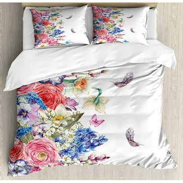 Flower Duvet Cover Set, Vintage Vivid Wreath with Daffodils Hyacinths Chamomile Lilies Butterfly Picture, Decorative 3 Piece Bedding Set with 2 Pillow Shams, Calking Size, Pink Blue, by Ambesonne