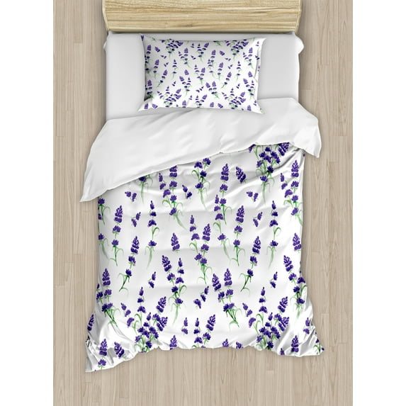 Flower Duvet Cover Set, Watercolor Lavender Flowering Fragrant Pale Plant Essential Oil Extract Temperate, Decorative 2 Piece Bedding Set with 1 Pillow Shams, Twin Size, Violet Green, by Ambesonne