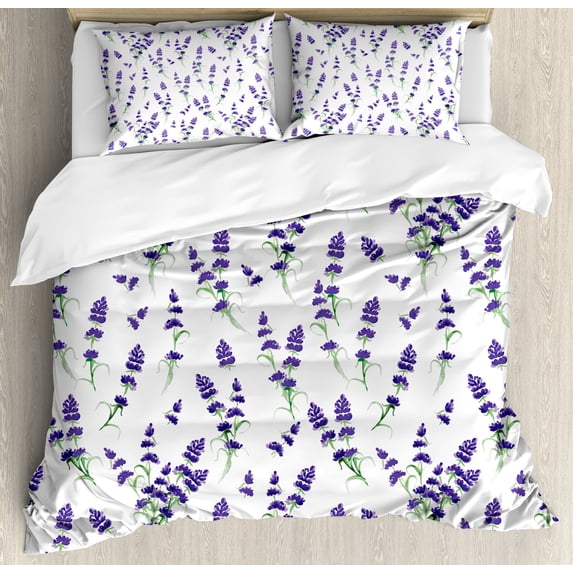 Flower Duvet Cover Set, Watercolor Lavender Flowering Fragrant Pale Plant Essential Oil Extract Temperate, Decorative 3 Piece Bedding Set with 2 Pillow Shams, King Size, Violet Green, by Ambesonne