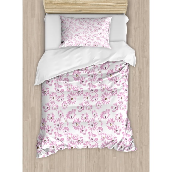 Flower Duvet Cover Set, Watercolor Pastel Colored Romantic Florals Petals and Buds Art Print, Decorative 2 Piece Bedding Set with 1 Pillow Shams, Twin Size, Pale Pink White, by Ambesonne