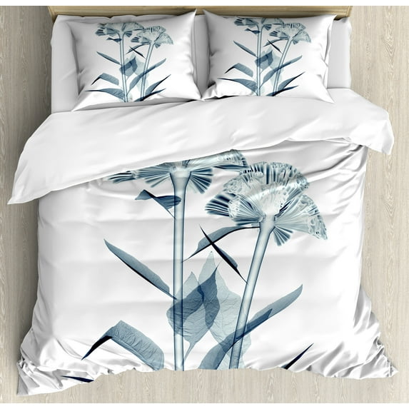 Flower Duvet Cover Set, X-ray Image of Flower Floral Radiography Uv Different Vision of Mother Earth Print, Decorative 3 Piece Bedding Set with 2 Pillow Shams, Queen Size, Teal White, by Ambesonne