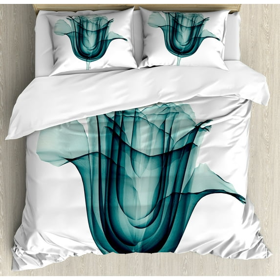 Flower Duvet Cover Set, X-ray Image of a Rose Flower Romance Creative Nature Picture Print, Decorative 3 Piece Bedding Set with 2 Pillow Shams, Queen Size, Teal White, by Ambesonne