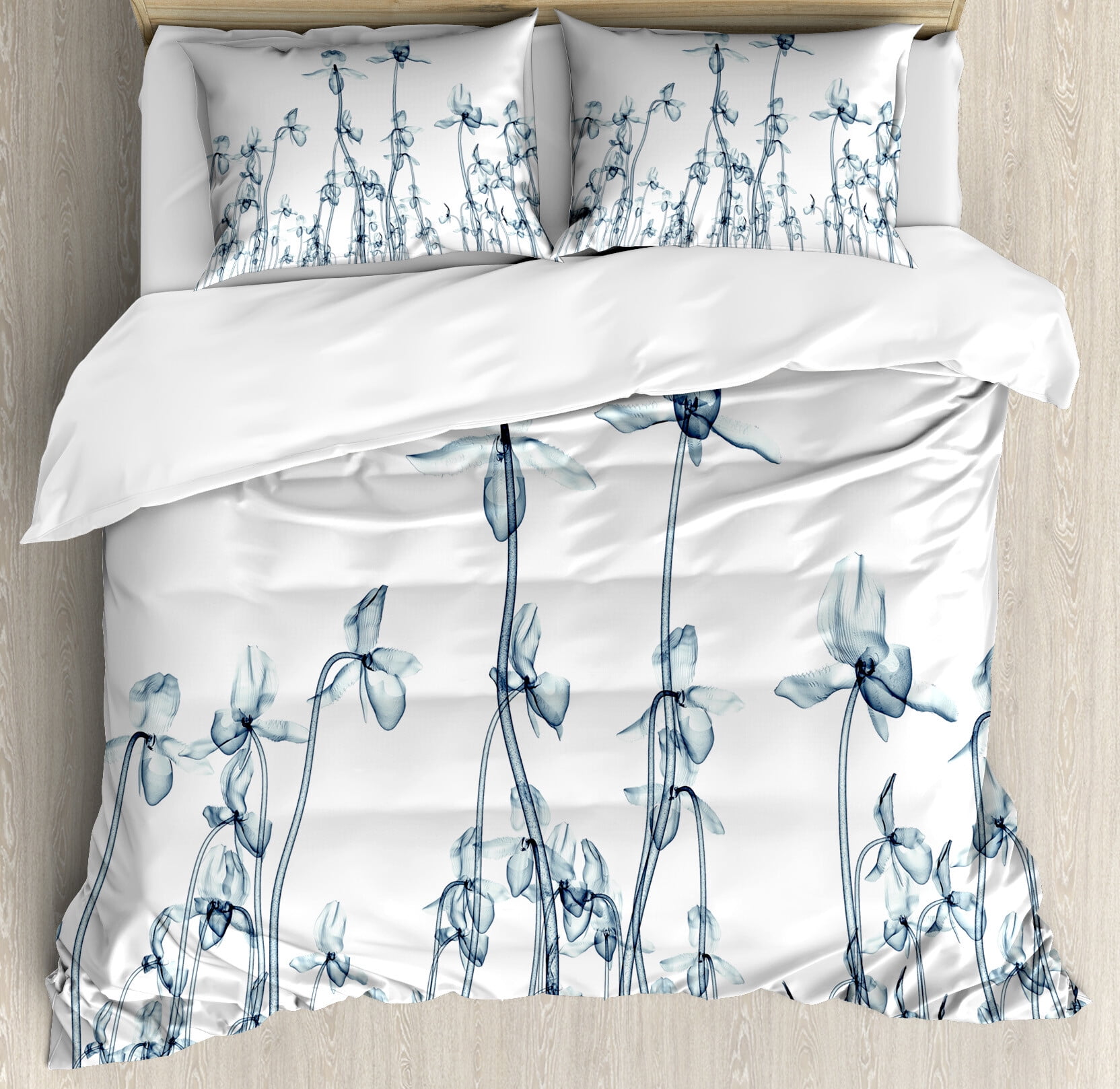 Teal and White Floral King Duvet Cover Set with Pillow Shams