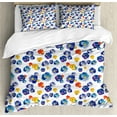 thumbnail image 1 of Flower Duvet Cover Sets, Nature Botanic Design Colored Violet Floral Tiny Flowers Art Print, Bedding Set with 2 Duvet Covers & 4 Pillowcases, 2 Pack King Size, Dark Blue Orange, by Ambesonne, 1 of 7