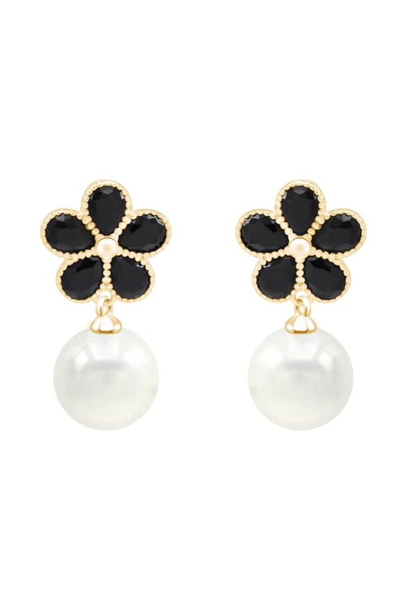 Flower Earrings Black Cubic Zirconia with Simulated Shell Pearl Drops 8mm in 14K Gold Plated 925 Sterling Silver